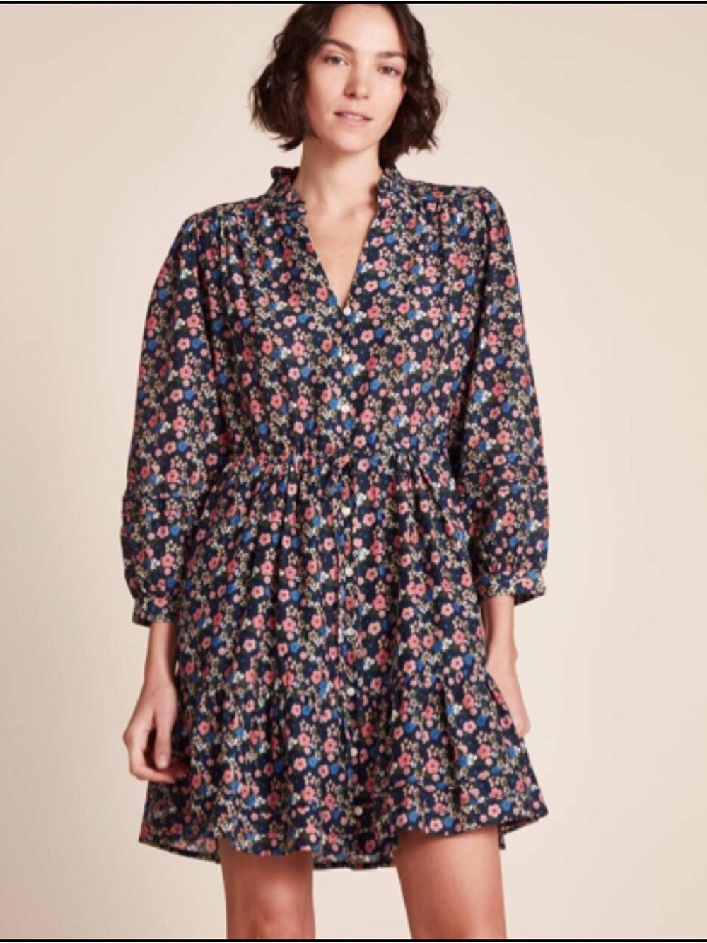 Trovata Birds of Paradis Floral Midi Dress Ruffle V-Neck Cottagecore Boho Sz L